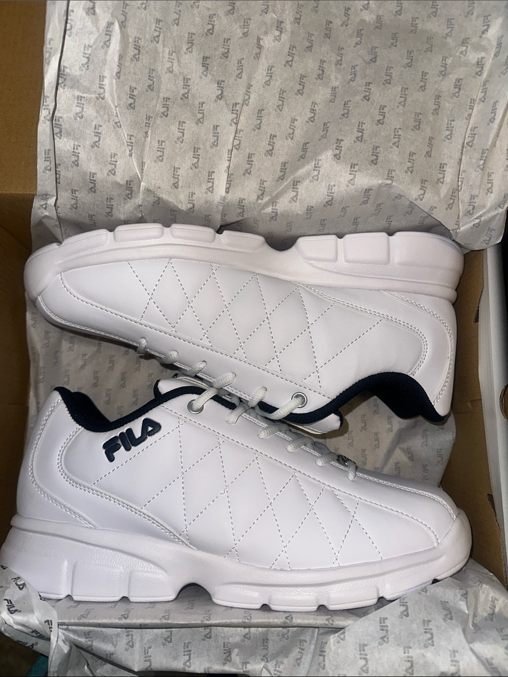 FILA White Quilted Low-Top Sneakers with Navy Trim